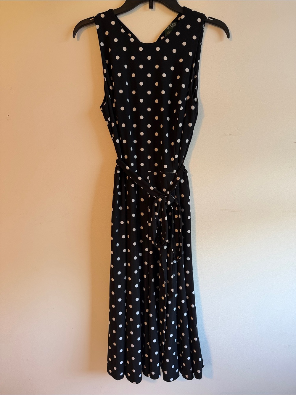 Ralph Lauren Black Dress with White Polka Dots and Waist Tie